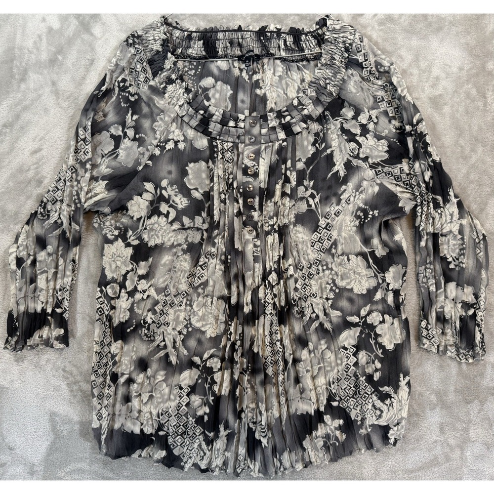 Notations Peasant Blouse Womens Gray Floral 3/4 Sleeve Semi Sheer Crinkle Flowy